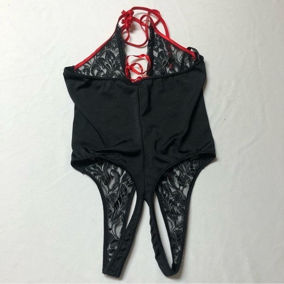 DREAMGIRL Sexy Black Lace & Red Satin Lace Up Bodysuit Size Small - Picture 4 of 7
